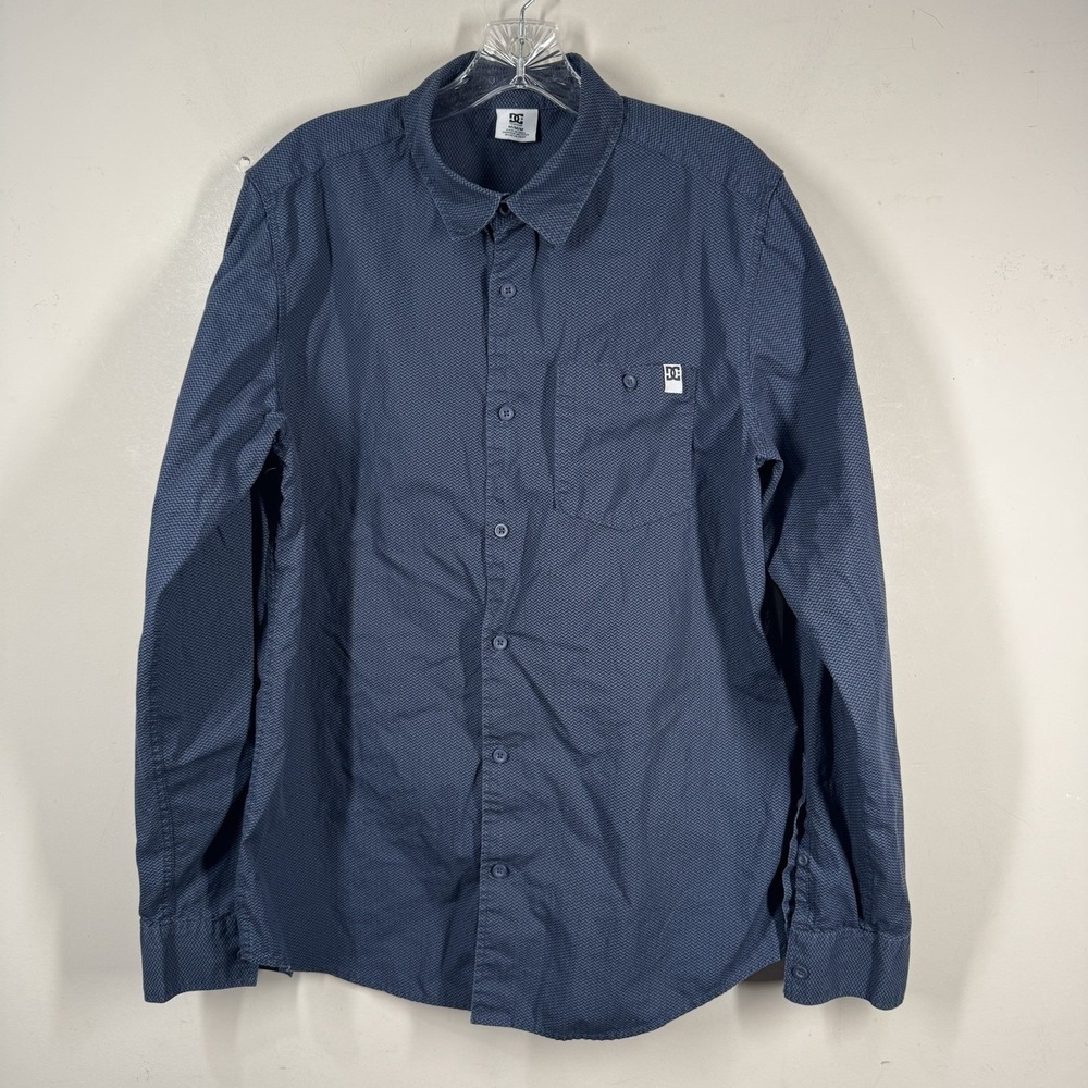 DC Shoes Navy Blue Herringbone Shirt Button Up Mens Sz M Long Sleeve Skater